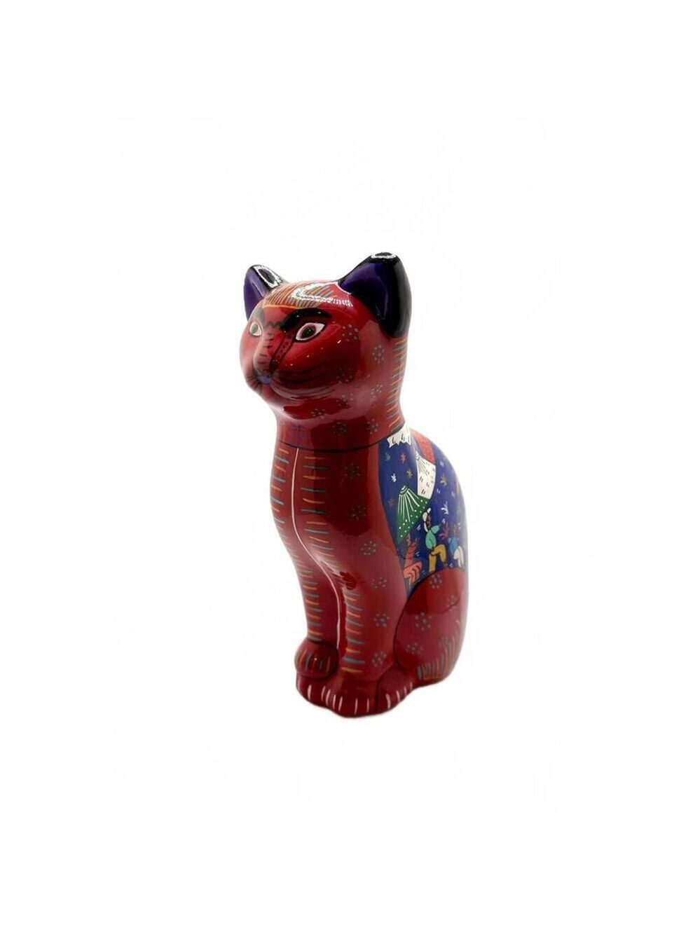 Vintage Hand Painted Mexican Ceramic Cat Folk Art Figurine Colorful Village